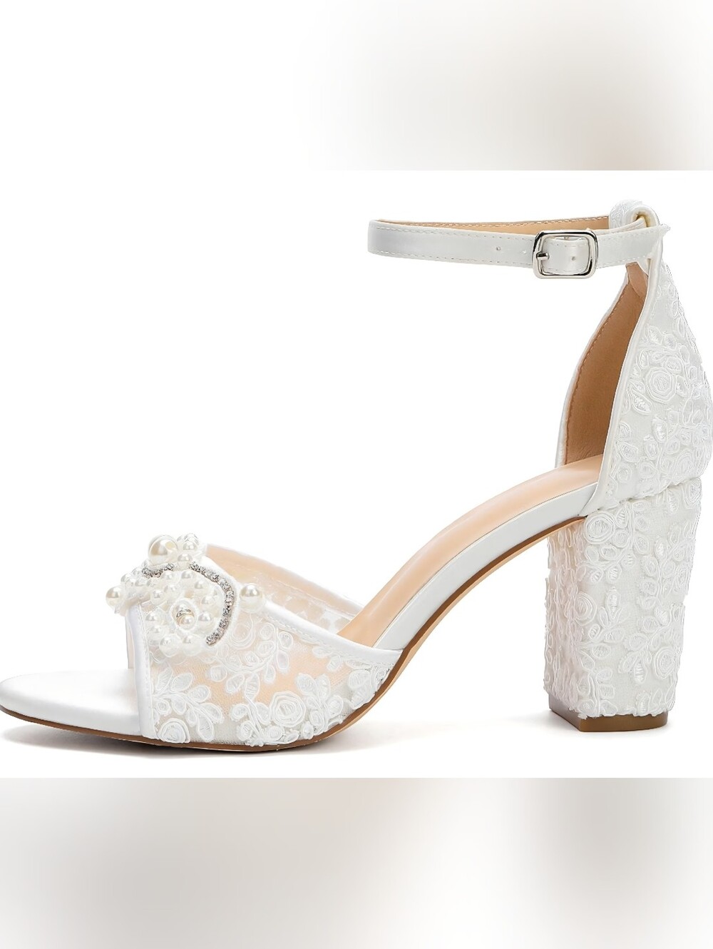 NIB PALSCOU Pearl Lace Bridal Block Heels Wedding Shoes Size 9